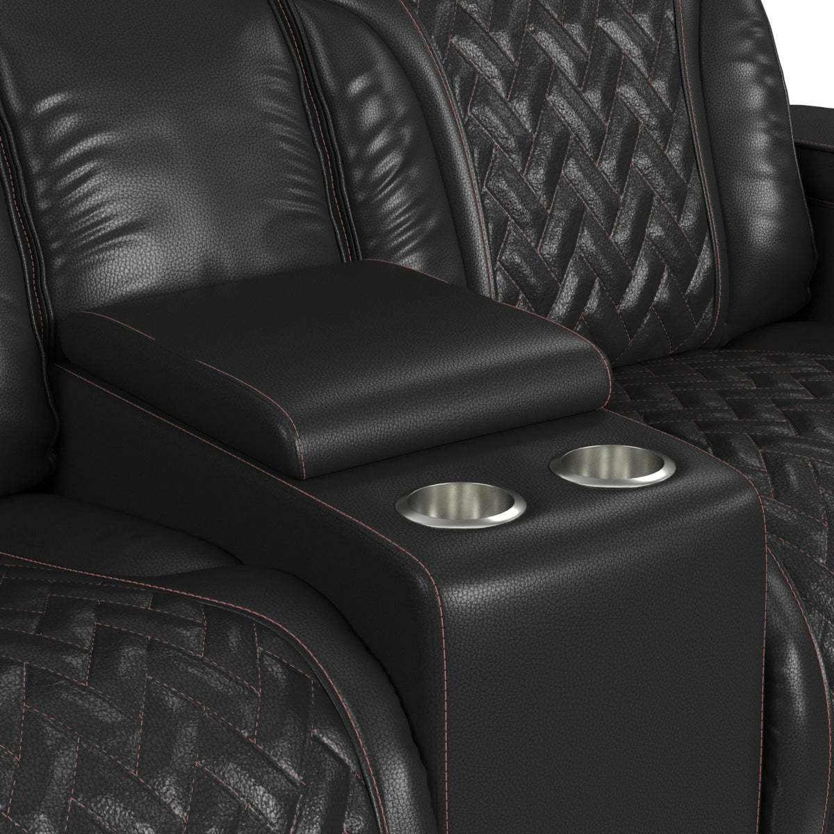 Prime Time P3 Loveseat with LED, wireless charger pocket, and Console in Jett Black with Red Stitching