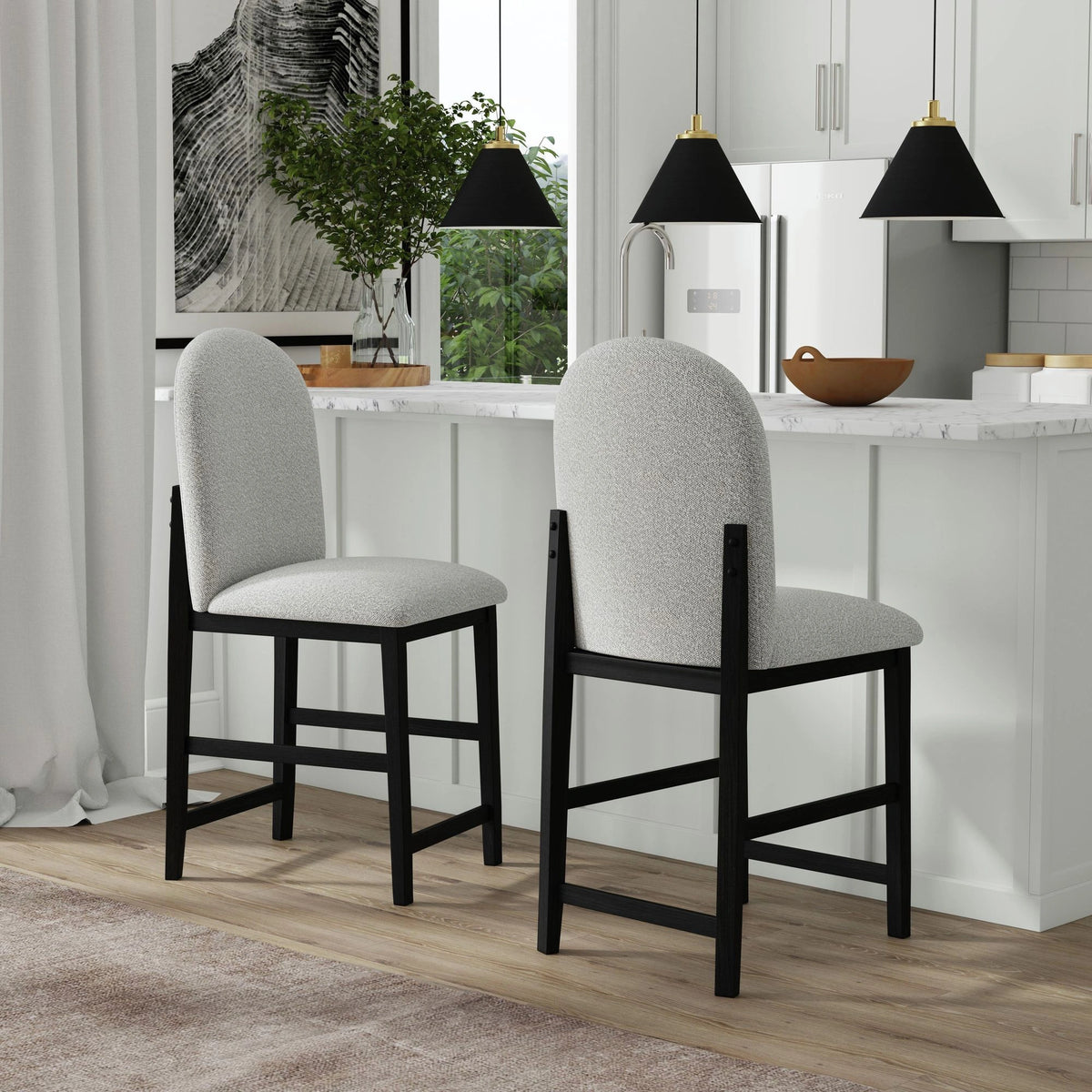Portland Round Back Barstool with Grey Fabric in Black (2 Per Carton)