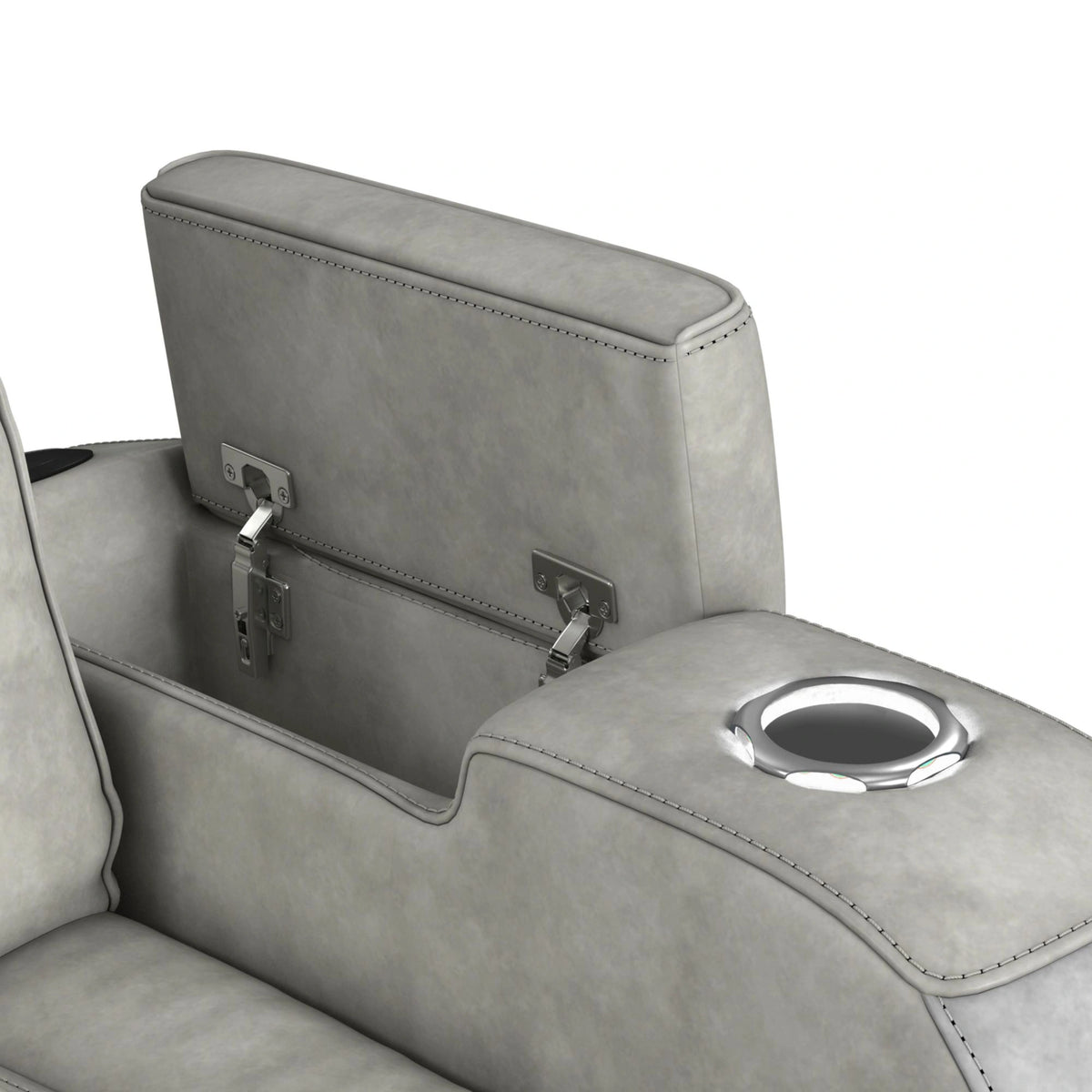 Prime Time P3 Sofa with DDT, 3.0 Table, 7 Colors (LED and Cup Holders), Reading Light, Vibration, speaker, and Heat Massage in Leather Gel Light Grey