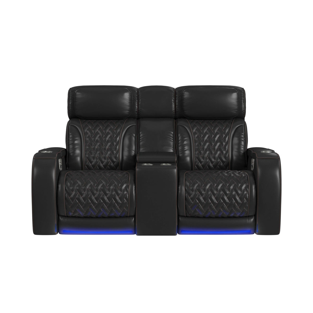 Prime Time P3 Loveseat with LED, wireless charger pocket, and Console in Jett Black with Red Stitching