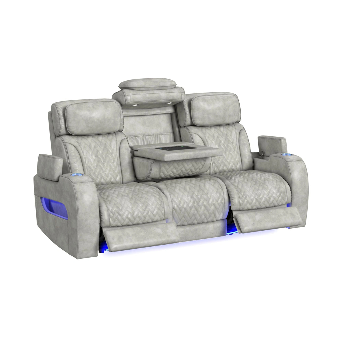 Prime Time P3 Sofa with DDT, 3.0 Table, 7 Colors (LED and Cup Holders), Reading Light, Vibration, speaker, and Heat Massage in Leather Gel Light Grey