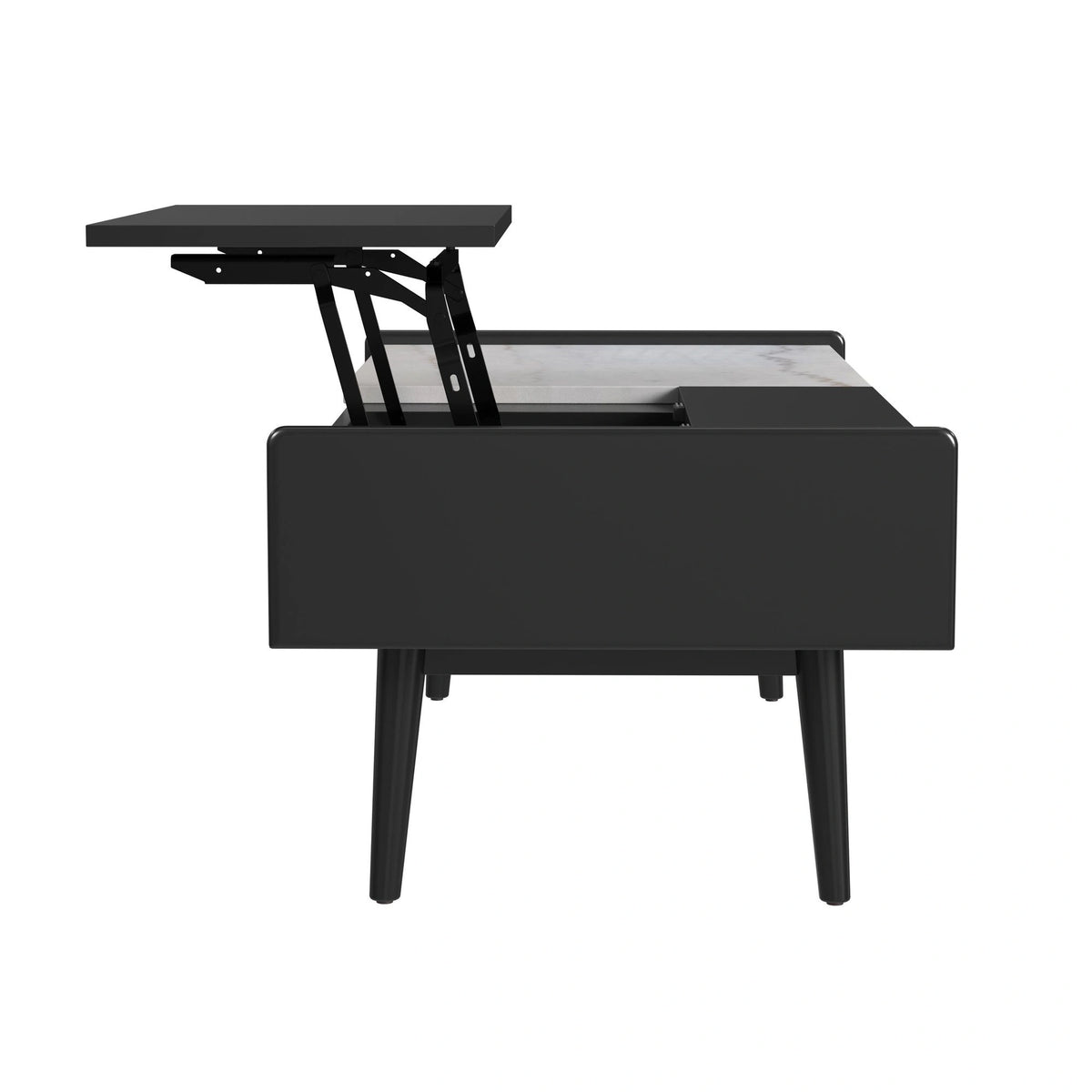 Lanette Coffee Table with White Marble and Lift-Top in Black