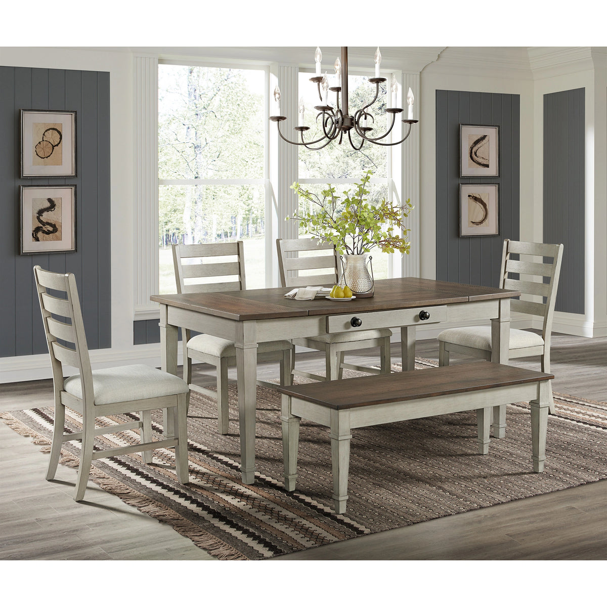Farmington Storage Dining Bench in Medium Brown and Washed Stone
