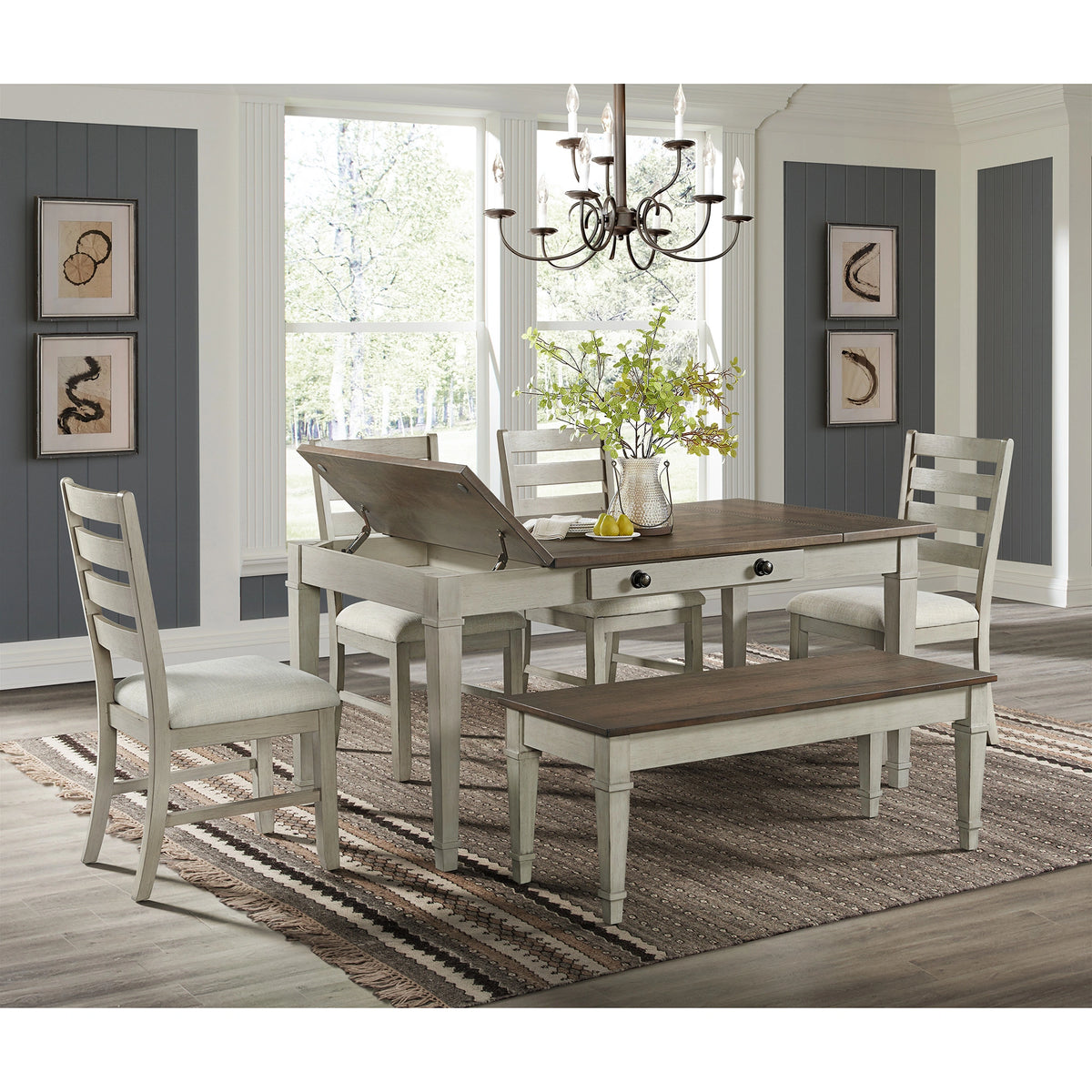 Farmington Storage Dining Bench in Medium Brown and Washed Stone