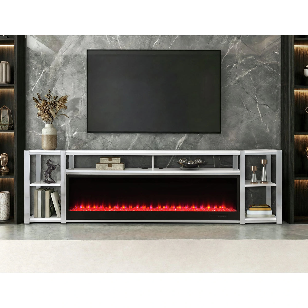 Midway 80"" TV Console with Firelight in White