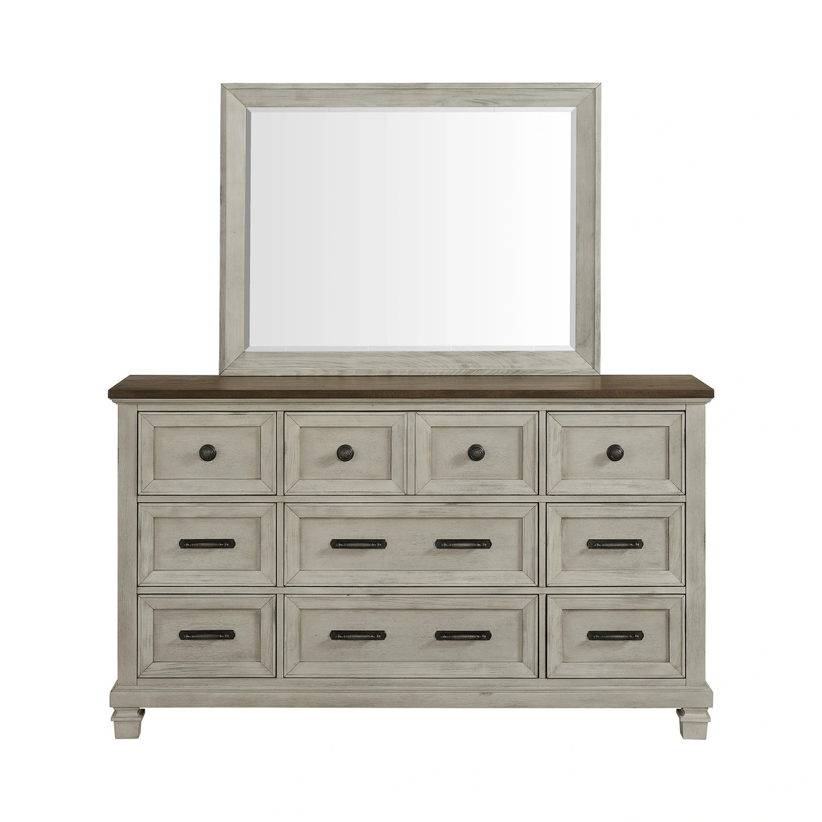 Farmington Dresser and Mirror Set in Medium Brown and Washed Stone