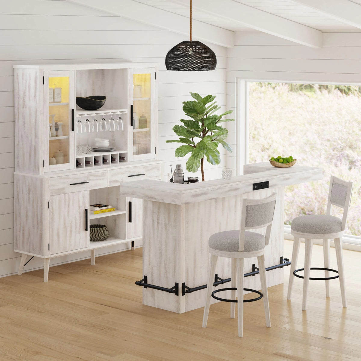 Rogen Rustic Swivel Bar Stool with Grey Fabric in Rustic White (2 Per Carton)