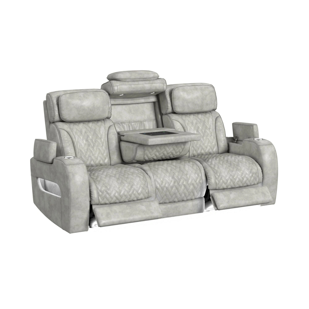 Prime Time P3 Sofa with DDT, 3.0 Table, 7 Colors (LED and Cup Holders), Reading Light, Vibration, speaker, and Heat Massage in Leather Gel Light Grey