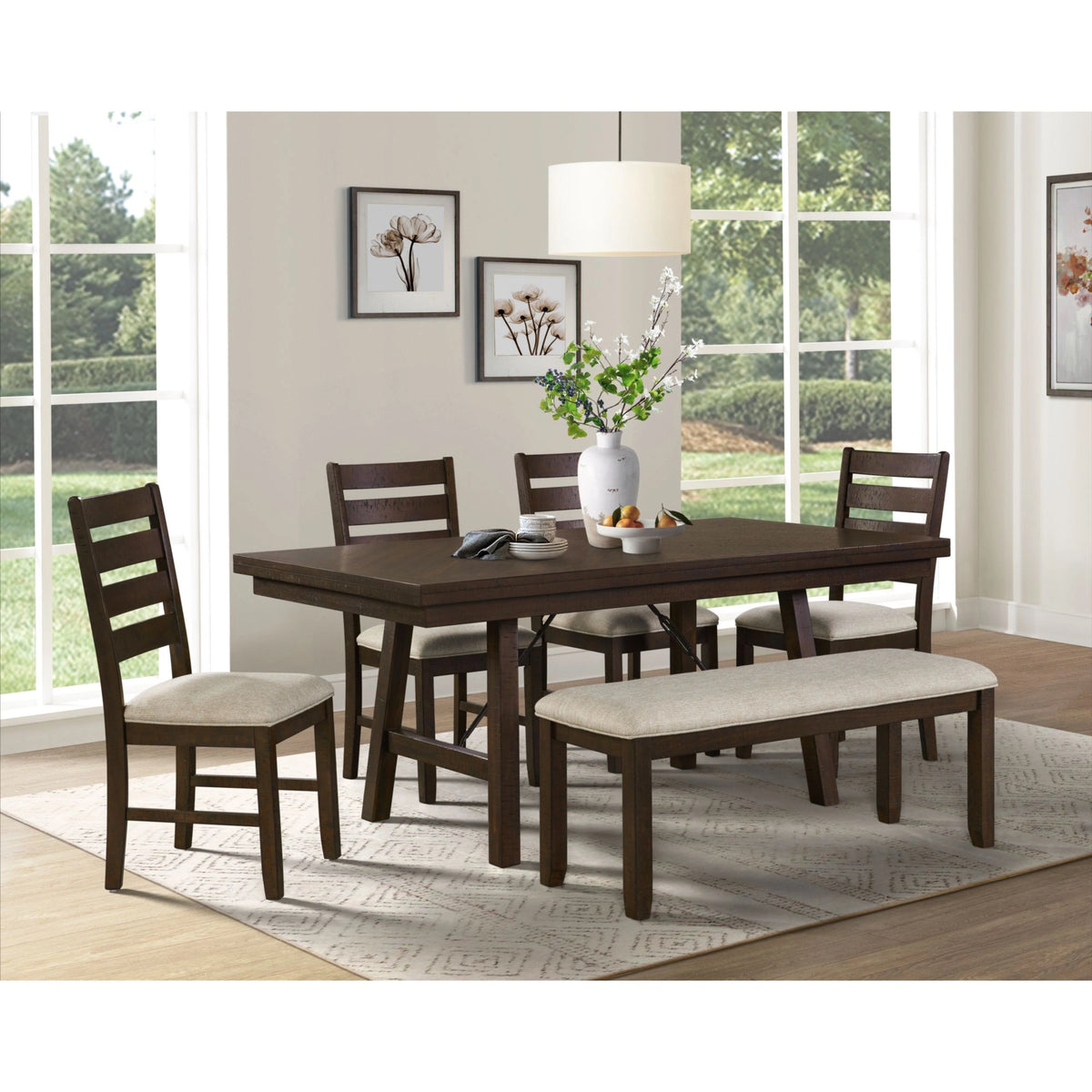 Jax 6PC Dining Set (72"" Table + 4 Chairs + Bench) in Cherry