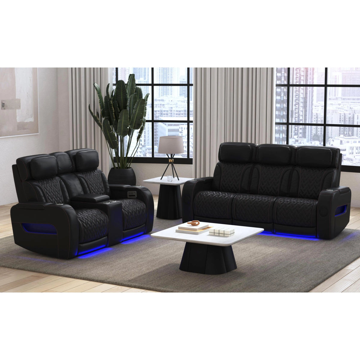 Prime Time P3 Living Room Set in Jett Black with Red Stitching