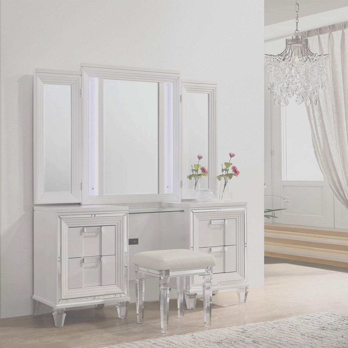 Twenty Nine Dressing Set w/LED & USB Plug in White with Stool