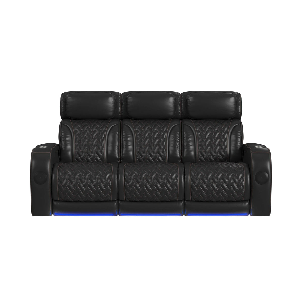Prime Time P3 Sofa with I Table, reading light, heat, massage, LED, and speaker in Jett Black with Red Stitching