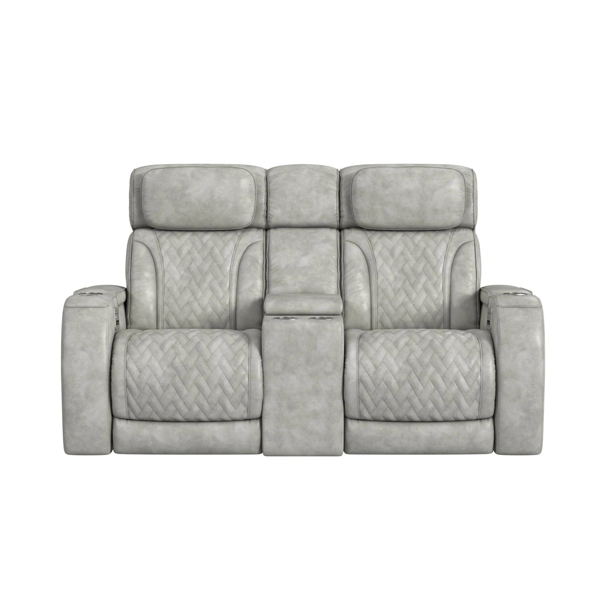 Prime Time P3 Loveseat with Console, 7 Colors LED, Cup Holders and Wireless Charger Controller in Leather Gel Light Grey