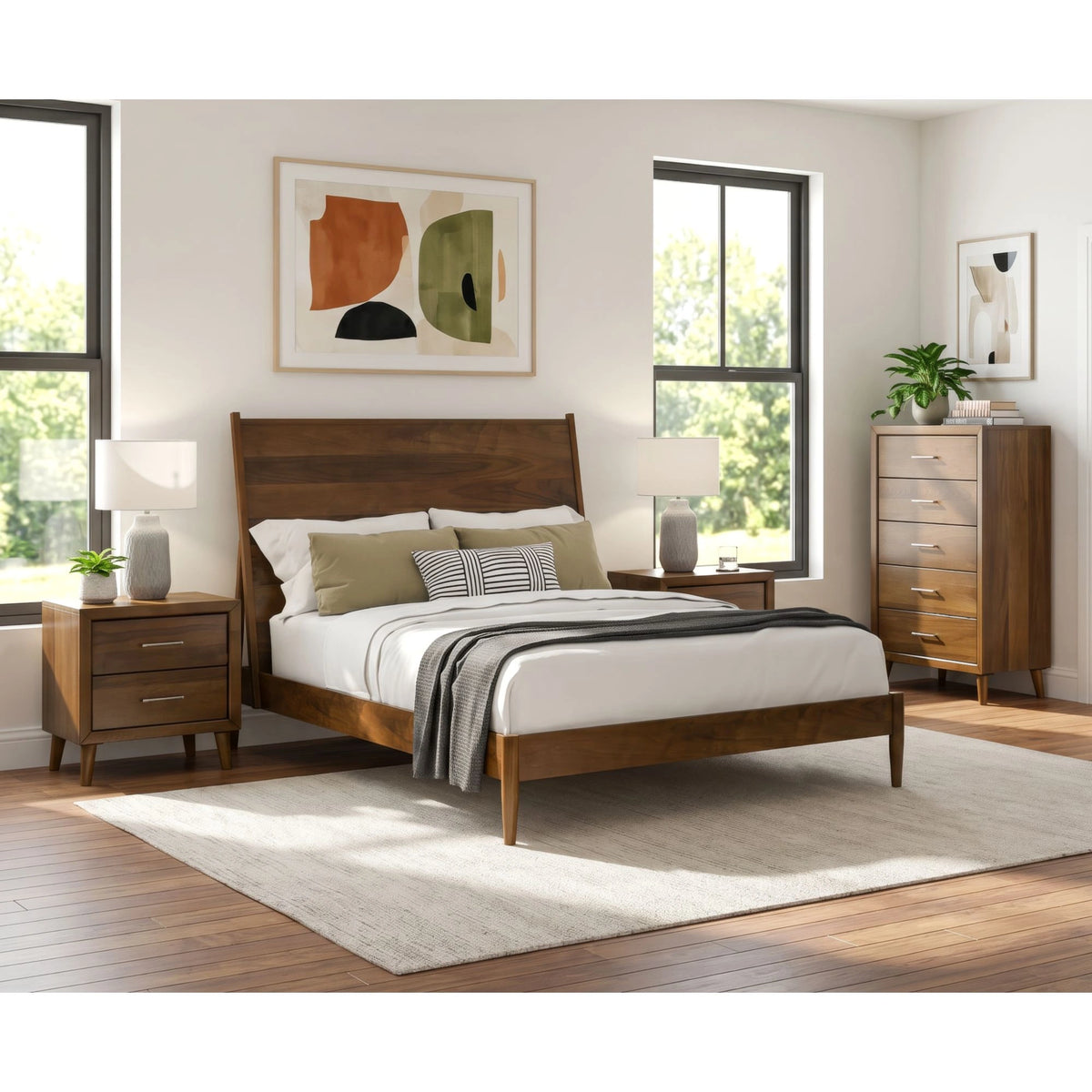 Malibu Bedroom Set with 2 Nightstands in Walnut