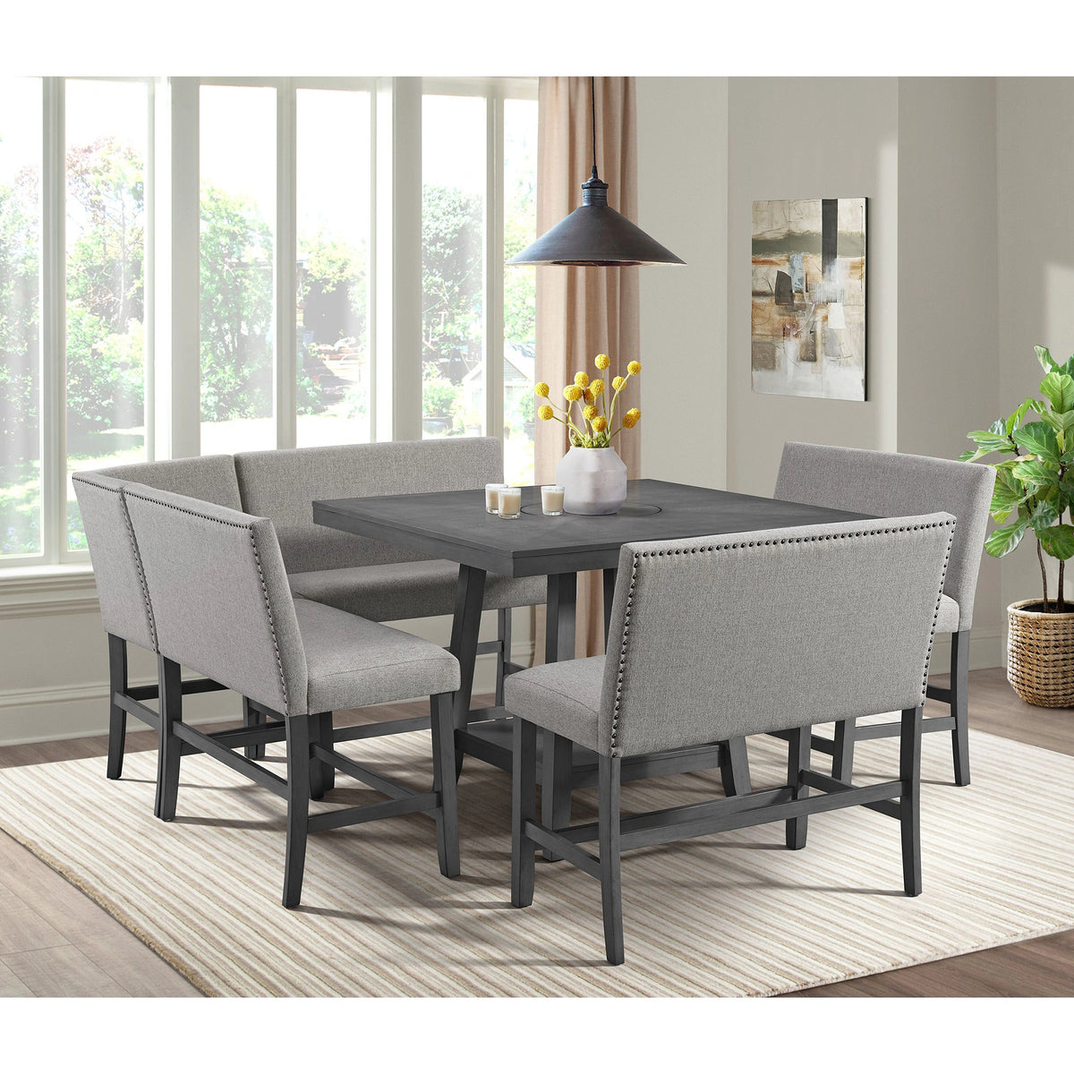 Seneca Counter Bench with Upholstered Back and Grey Fabric