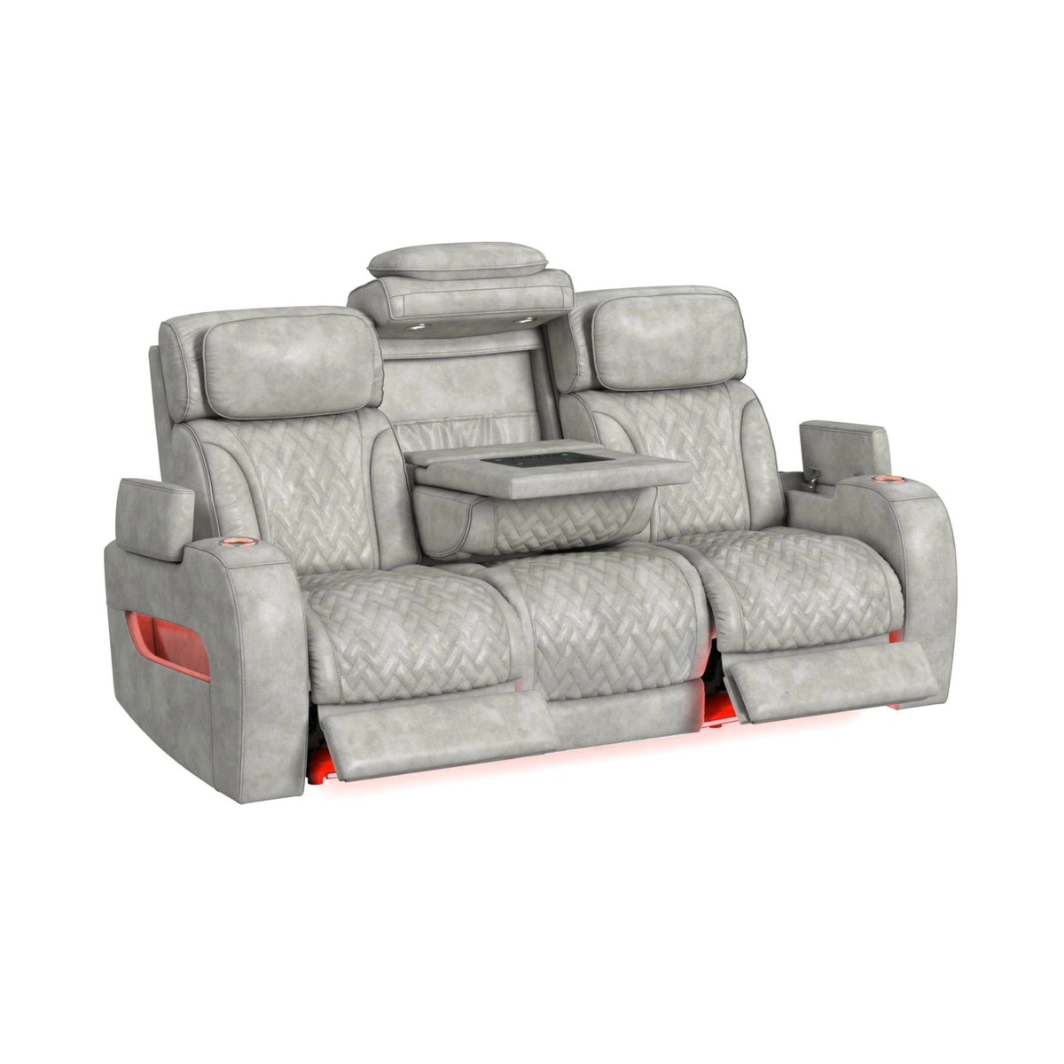 Prime Time P3 3PC Living Room Set with 7 Colors LED in Leather Gel Light Grey-Sofa, Loveseat & Recliner