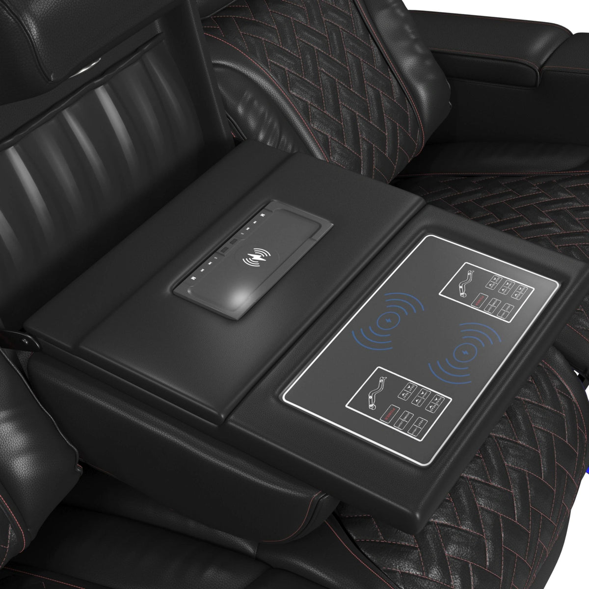 Prime Time P3 Sofa with I Table, reading light, heat, massage, LED, and speaker in Jett Black with Red Stitching