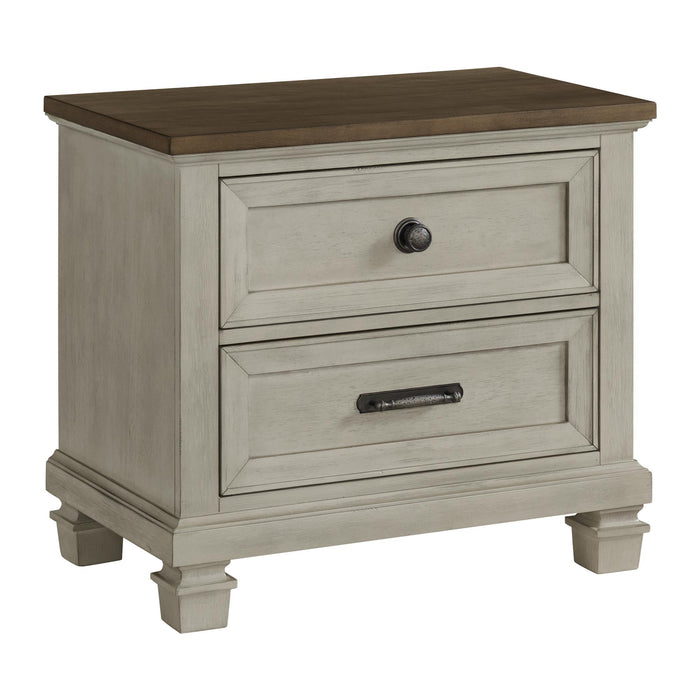 Farmington 2-Drawer Nightstand with USB in Medium Brown and Washed Stone - Jack’s Furniture and More (Laredo, TX)