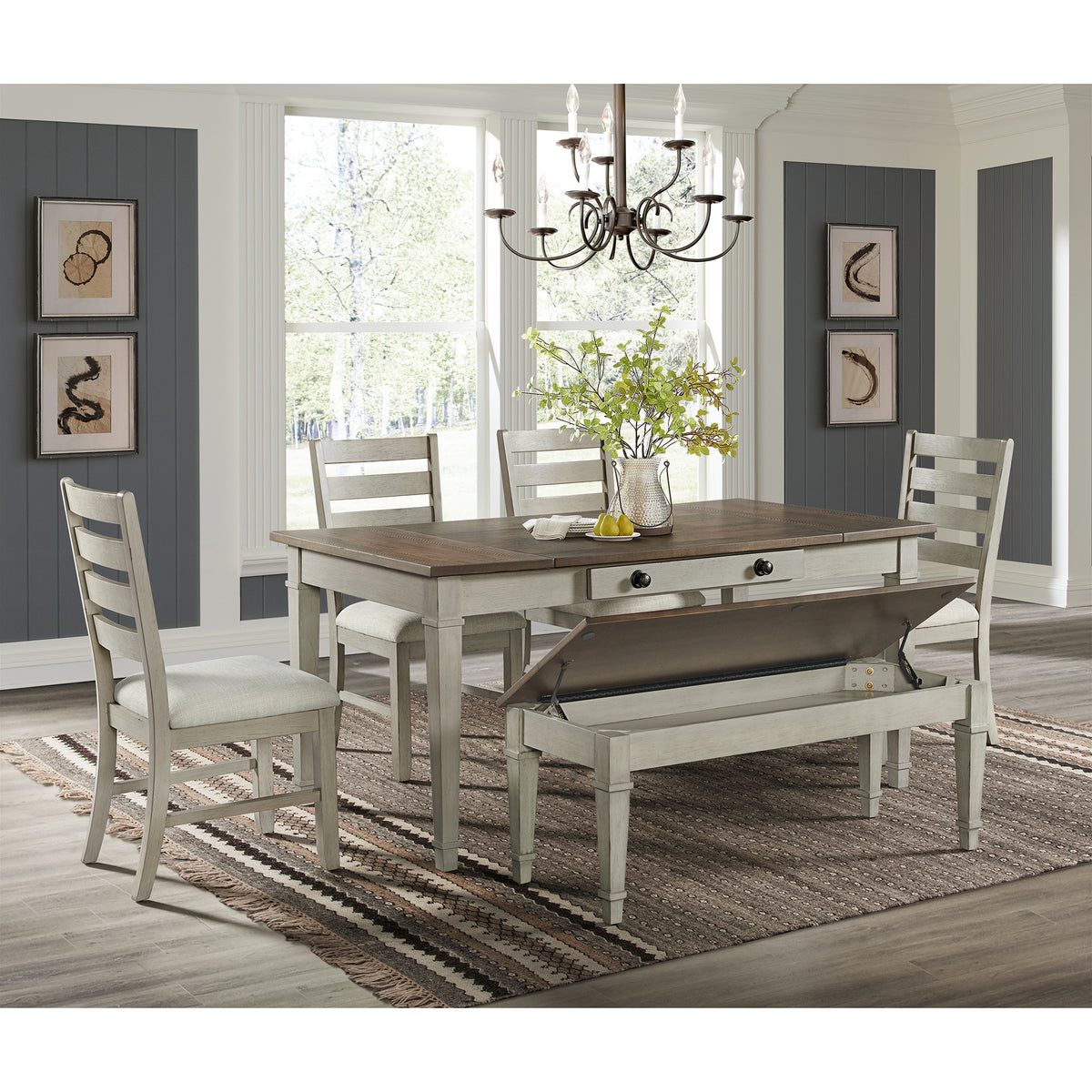 Farmington Standard Height Dining Set in Medium Brown and Washed Stone-Rectangular Table and Four Chairs