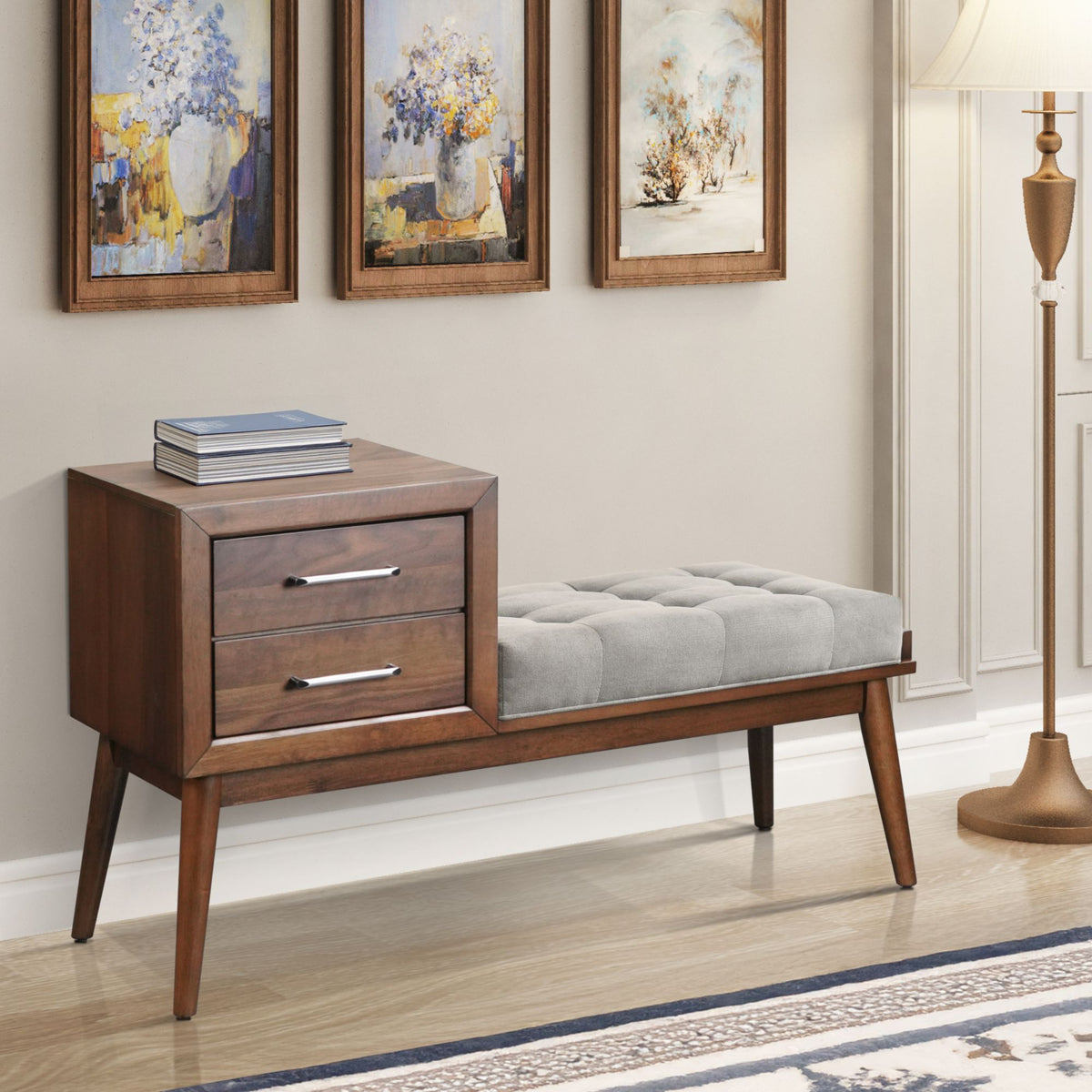 Malibu Bench with Grey Fabric in Walnut - Jack’s Furniture and More (Laredo, TX)