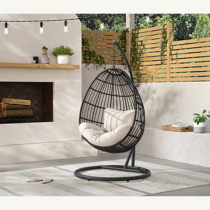 Playa Swing Egg Chair with Base and Pillar - Dark Grey and Olefin Beige - Jack’s Furniture and More (Laredo, TX)