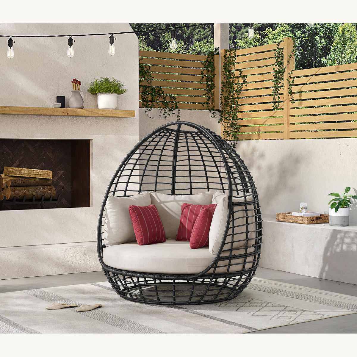 Playa Twin Egg Chair - Dark Grey and Olefin Beige with 3 Pillows