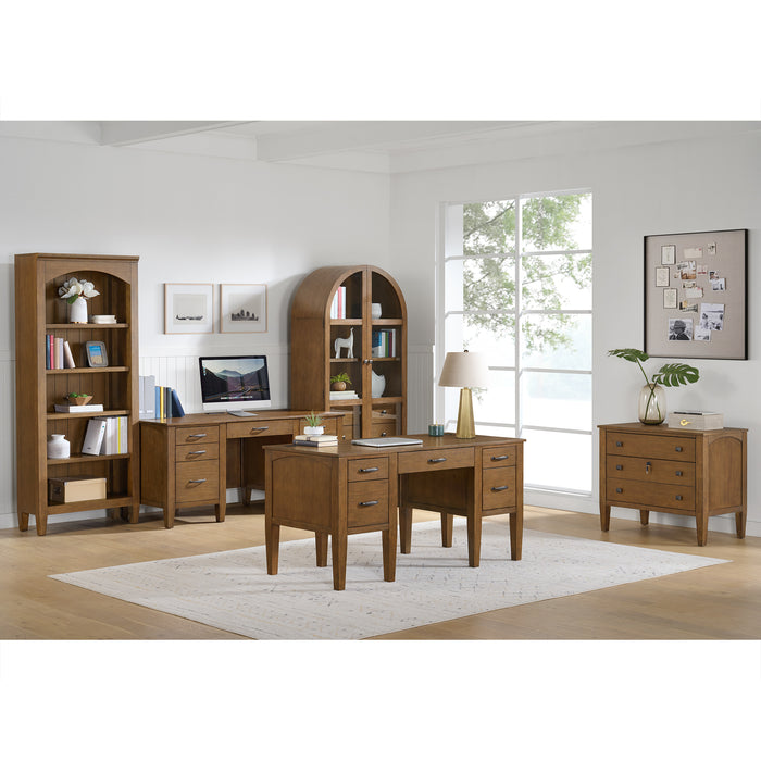 Portico Half Pedestal Desk with Power/USB in Brown Oak - Jack’s Furniture and More (Laredo, TX)