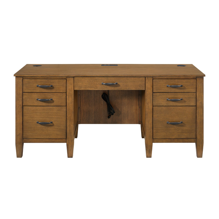 Portico Double Pedestal Desk with Power/USB in Brown Oak - Jack’s Furniture and More (Laredo, TX)