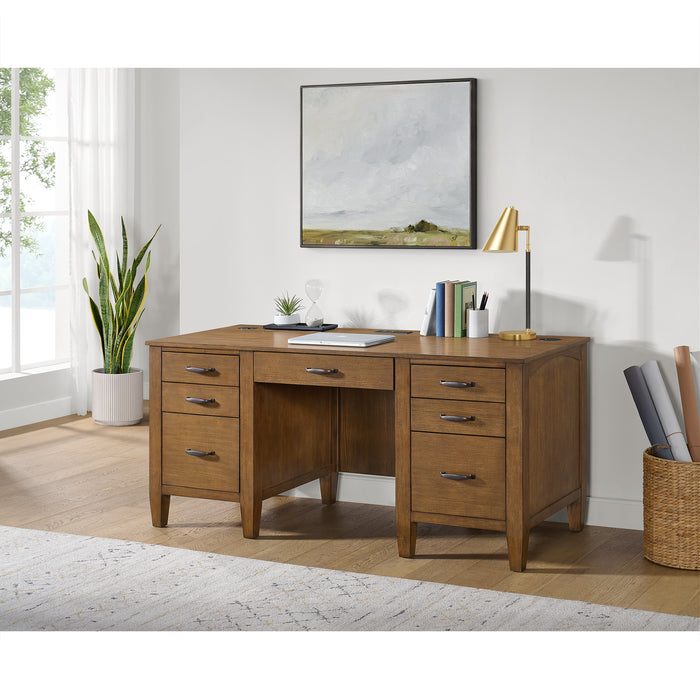 Portico Double Pedestal Desk with Power/USB in Brown Oak - Jack’s Furniture and More (Laredo, TX)
