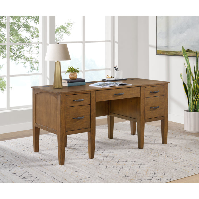 Portico Half Pedestal Desk with Power/USB in Brown Oak - Jack’s Furniture and More (Laredo, TX)