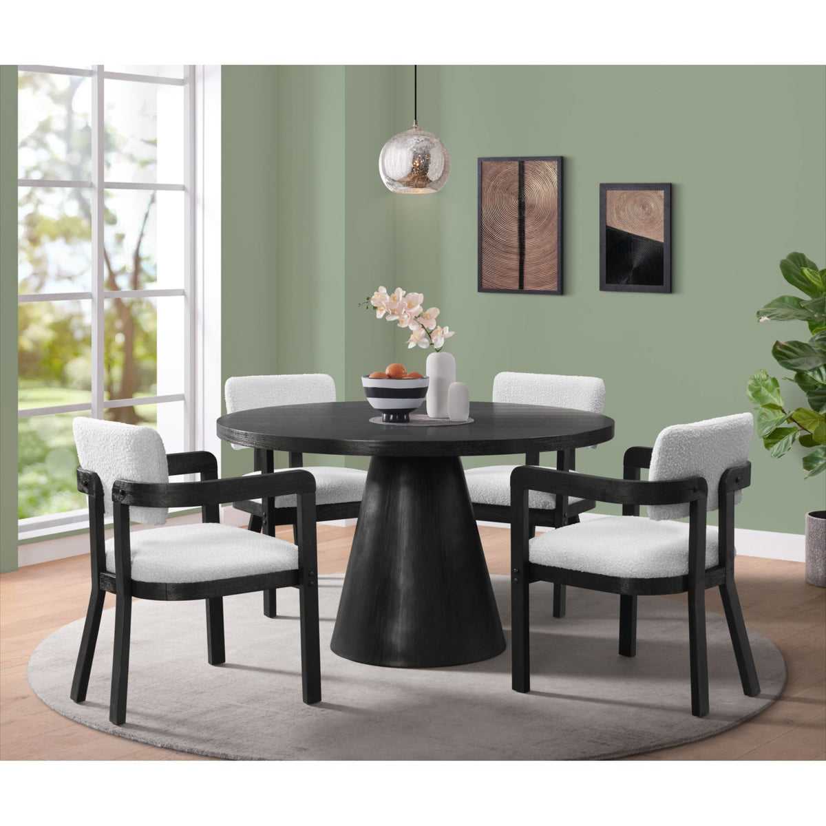 Portland Dining Set in Black W/ Snow White Arm Chairs