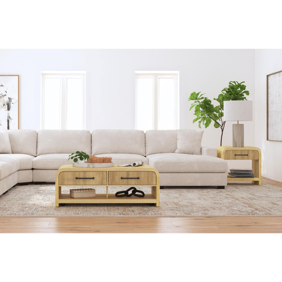 Ridgemont Coffee Table with Casters/Push Through Drawer in Natural - Jack’s Furniture and More (Laredo, TX)