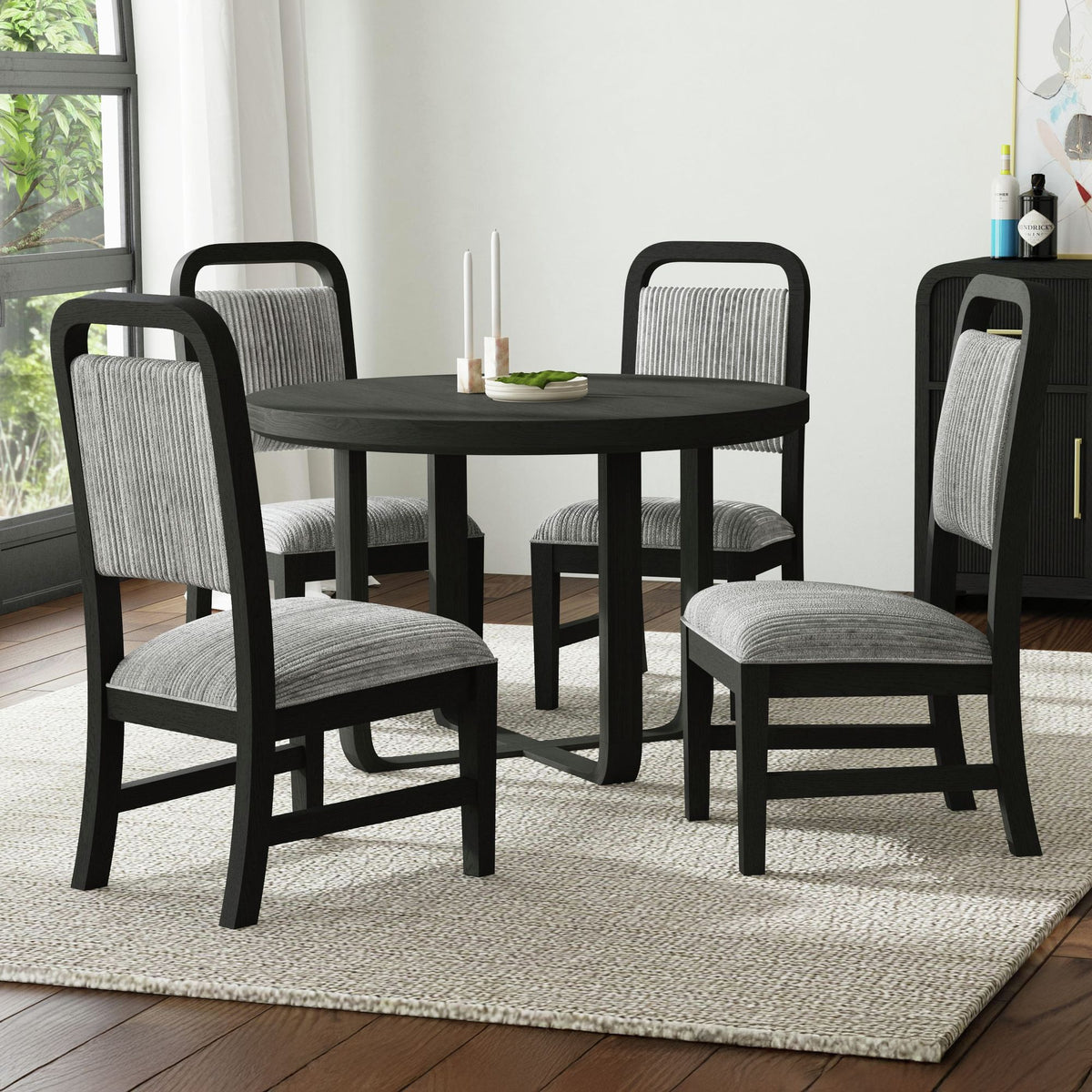 Ridgemont Standard Height Dining Set in Black with Grain-Table and Four Grey Fabric Chairs