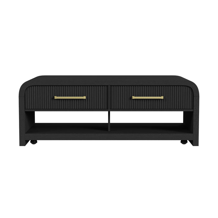 Ridgemont Coffee Table with Casters/Push Through Drawer in Black with Grain - Jack’s Furniture and More (Laredo, TX)
