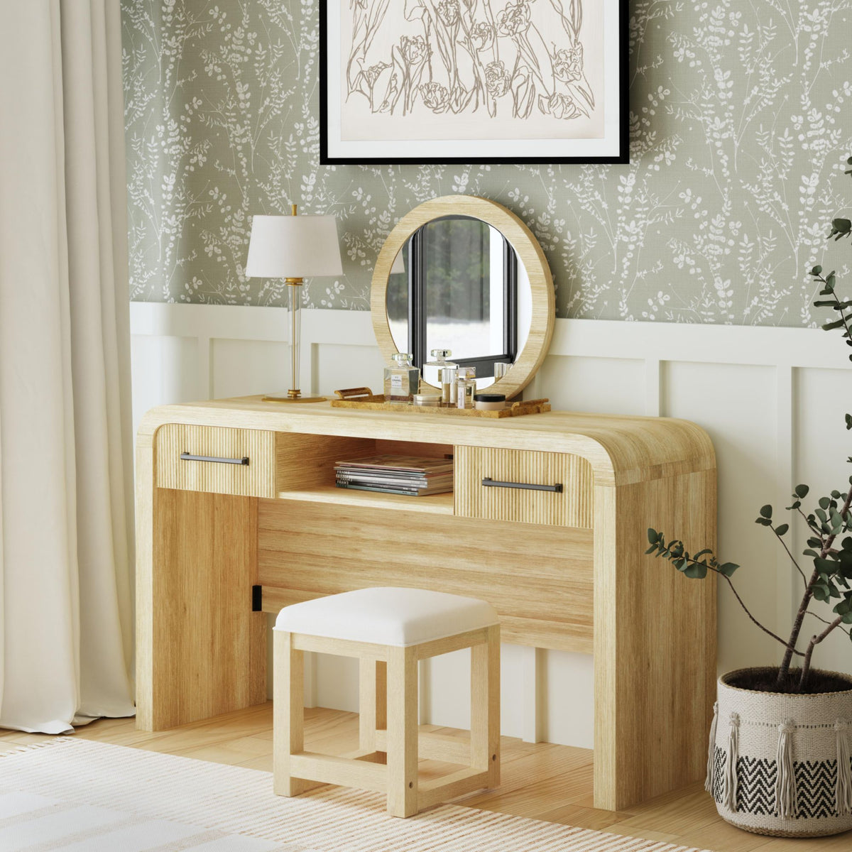 Ridgemont Dressing Stool with White Fabric in Natural - Jack’s Furniture and More (Laredo, TX)