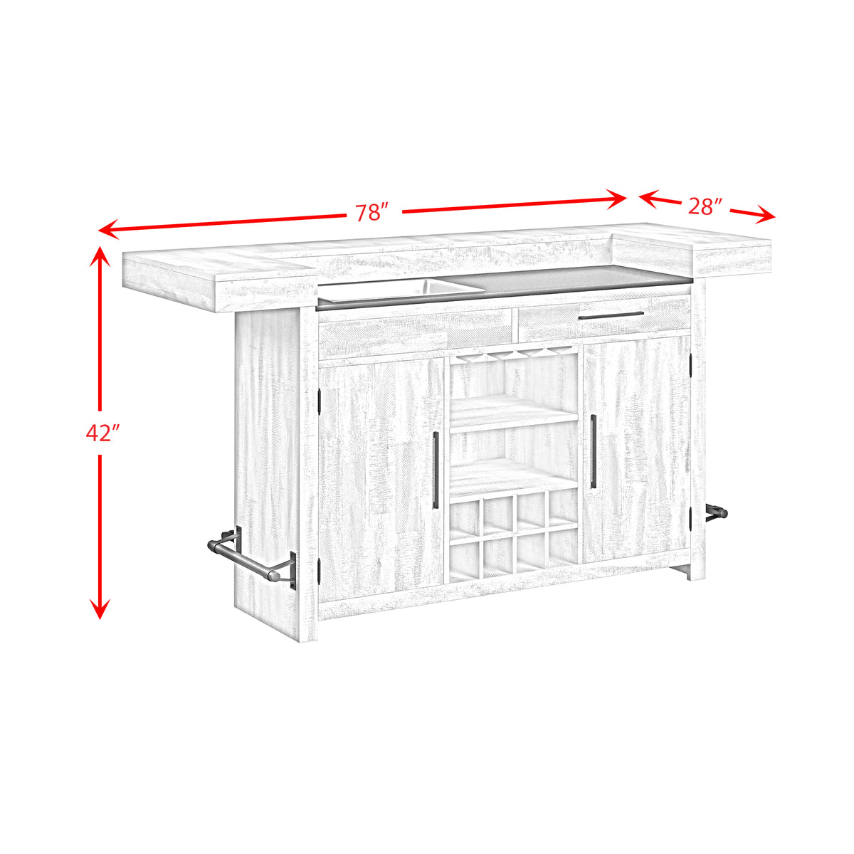 Rogen Rustic Bar Table with Ice Tray, USB and Power in Rustic White