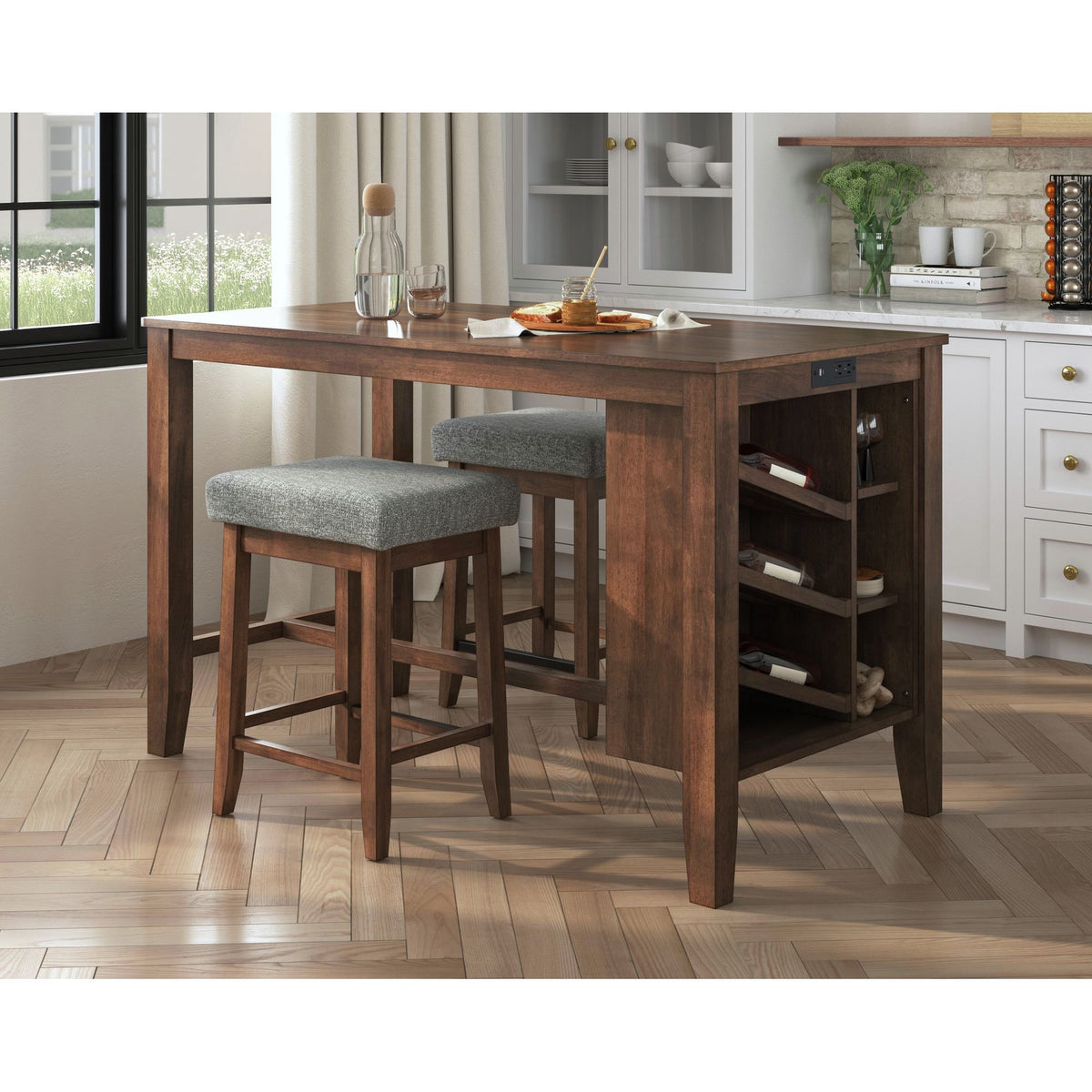 Santa Barbara Kitchen Island & 2 Counter Stools with Dark Grey Fabric in Walnut - Jack’s Furniture and More (Laredo, TX)