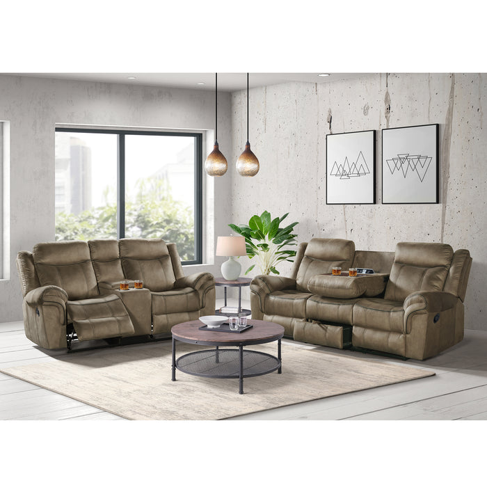 Sorrento Motion Loveseat with Console in T101 Brown - Jack’s Furniture and More (Laredo, TX)