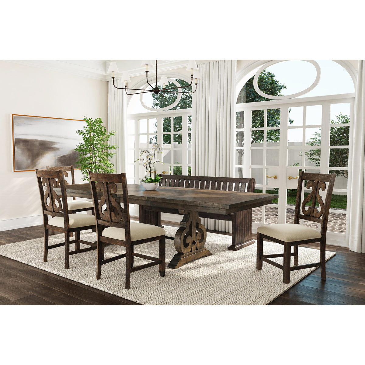 Stone 6PC Dining Set in Charcoal - Table, 4 Wooden Swril Back Side Chairs, & Pew Bench - Jack’s Furniture and More (Laredo, TX)