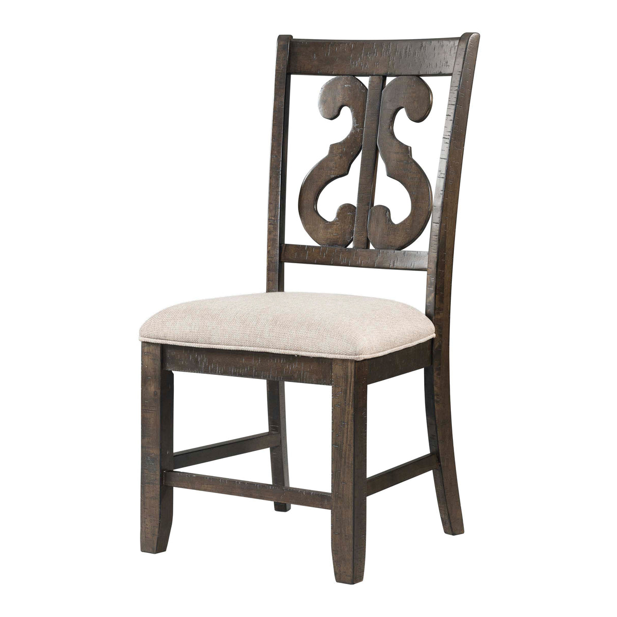 Stone 6PC Dining Set in Charcoal - Table, 4 Wooden Swril Back Side Chairs, & Pew Bench - Jack’s Furniture and More (Laredo, TX)