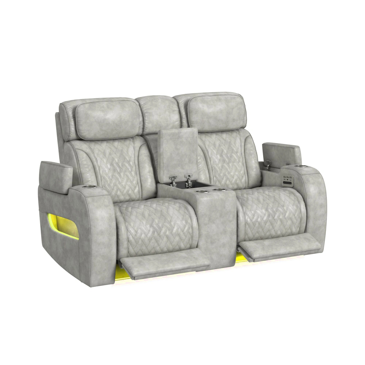 Prime Time P3 Loveseat with Console, 7 Colors LED, Cup Holders and Wireless Charger Controller in Leather Gel Light Grey
