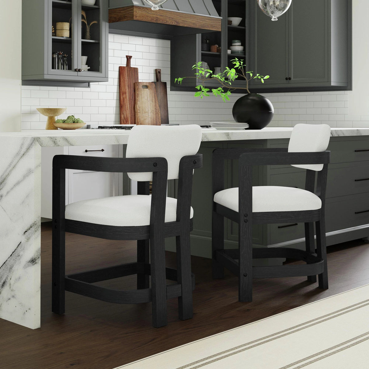 Portland Arm Counter Stool with White Fabric in Black (2 Per Carton)