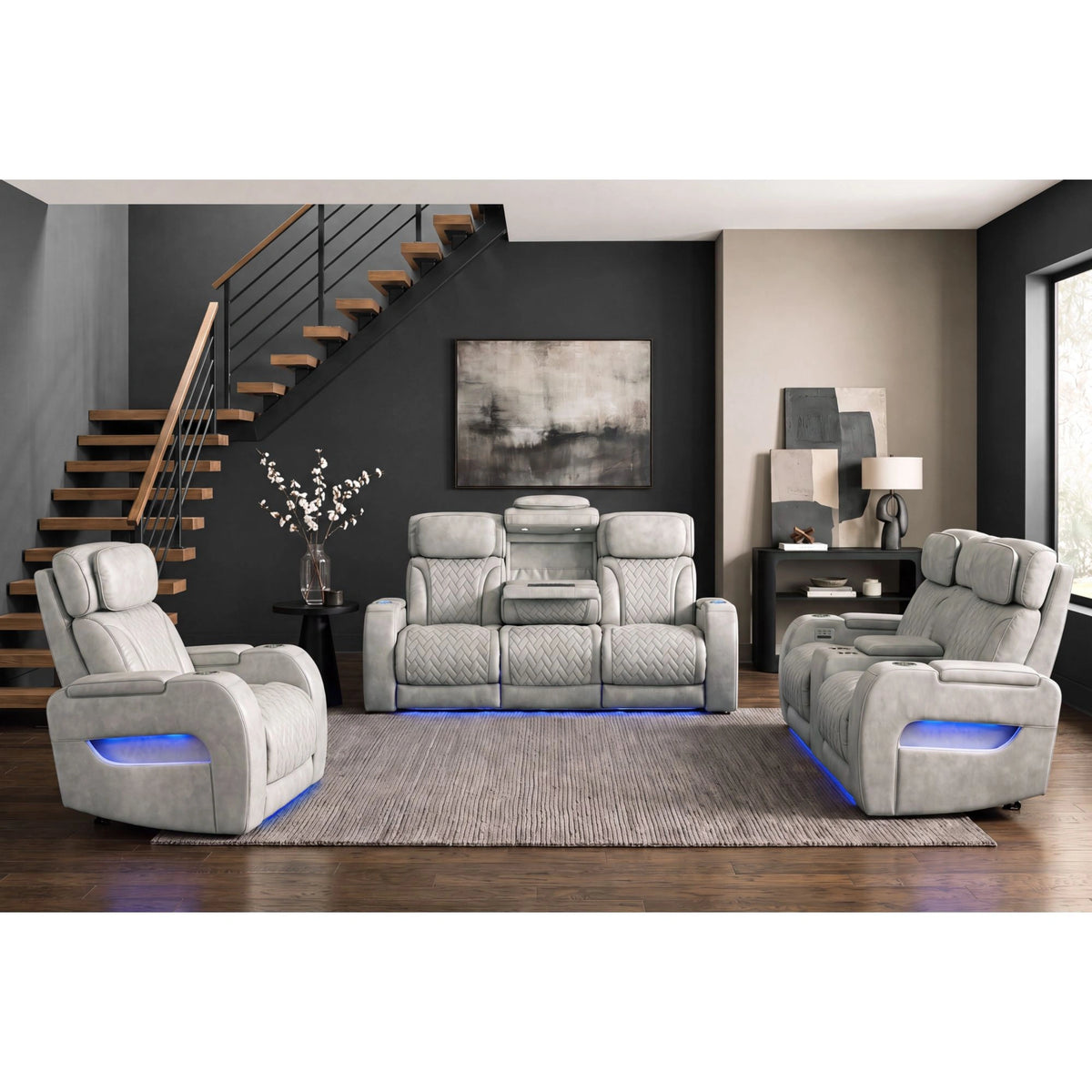Prime Time P3 Loveseat with Console, 7 Colors LED, Cup Holders and Wireless Charger Controller in Leather Gel Light Grey