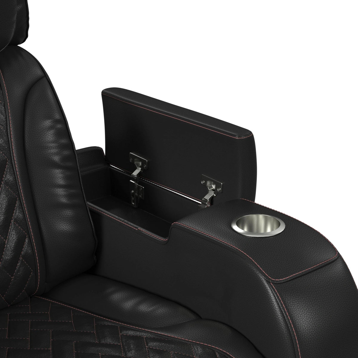Prime Time P3 Sofa with I Table, reading light, heat, massage, LED, and speaker in Jett Black with Red Stitching