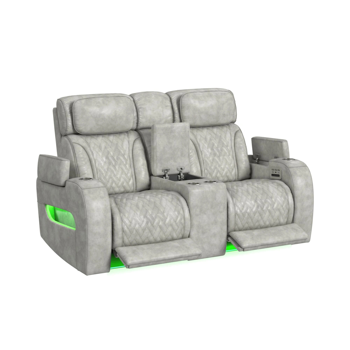 Prime Time P3 3PC Living Room Set with 7 Colors LED in Leather Gel Light Grey-Sofa, Loveseat & Recliner