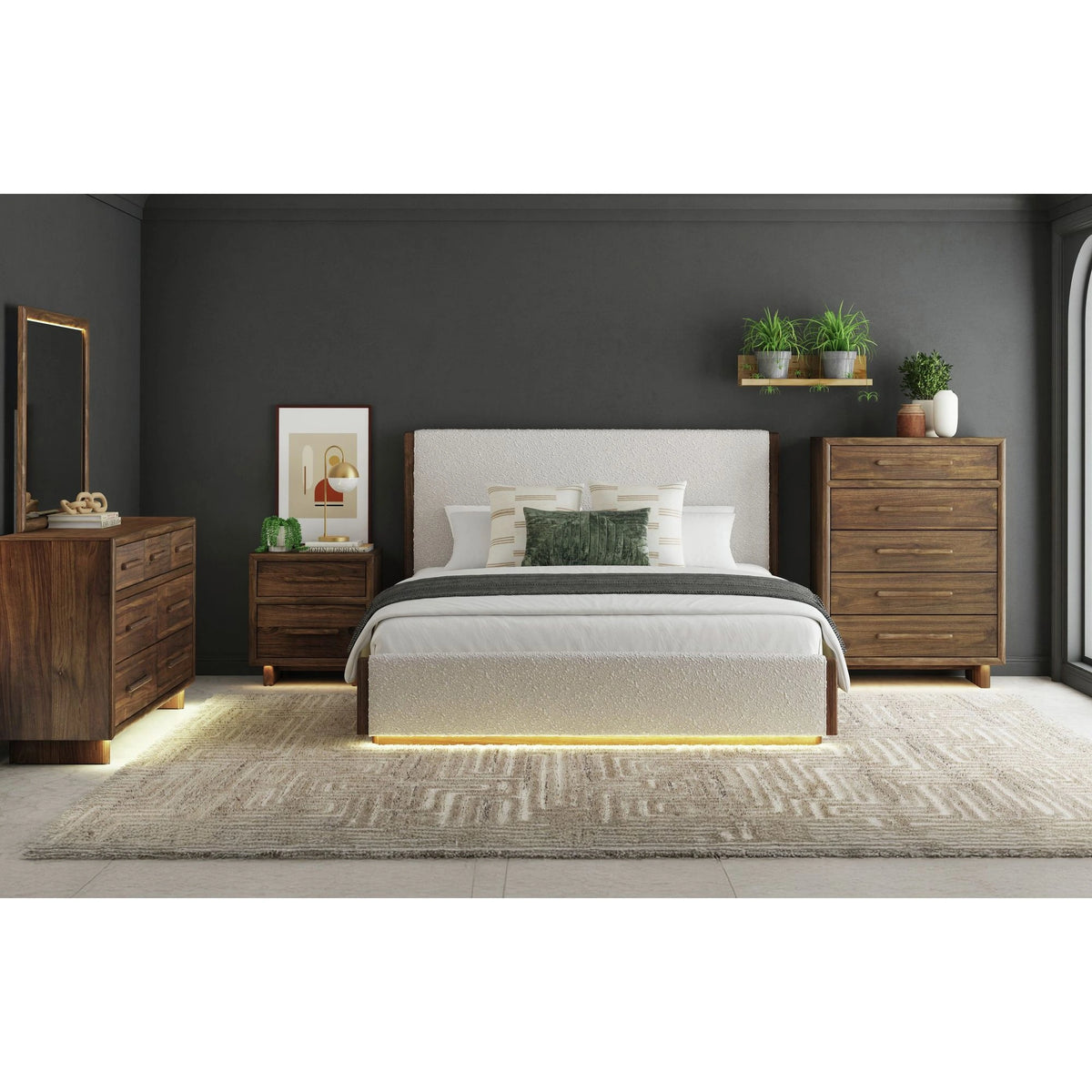 Brisbane UPH Bed with Boucle Beige and LED in Brown