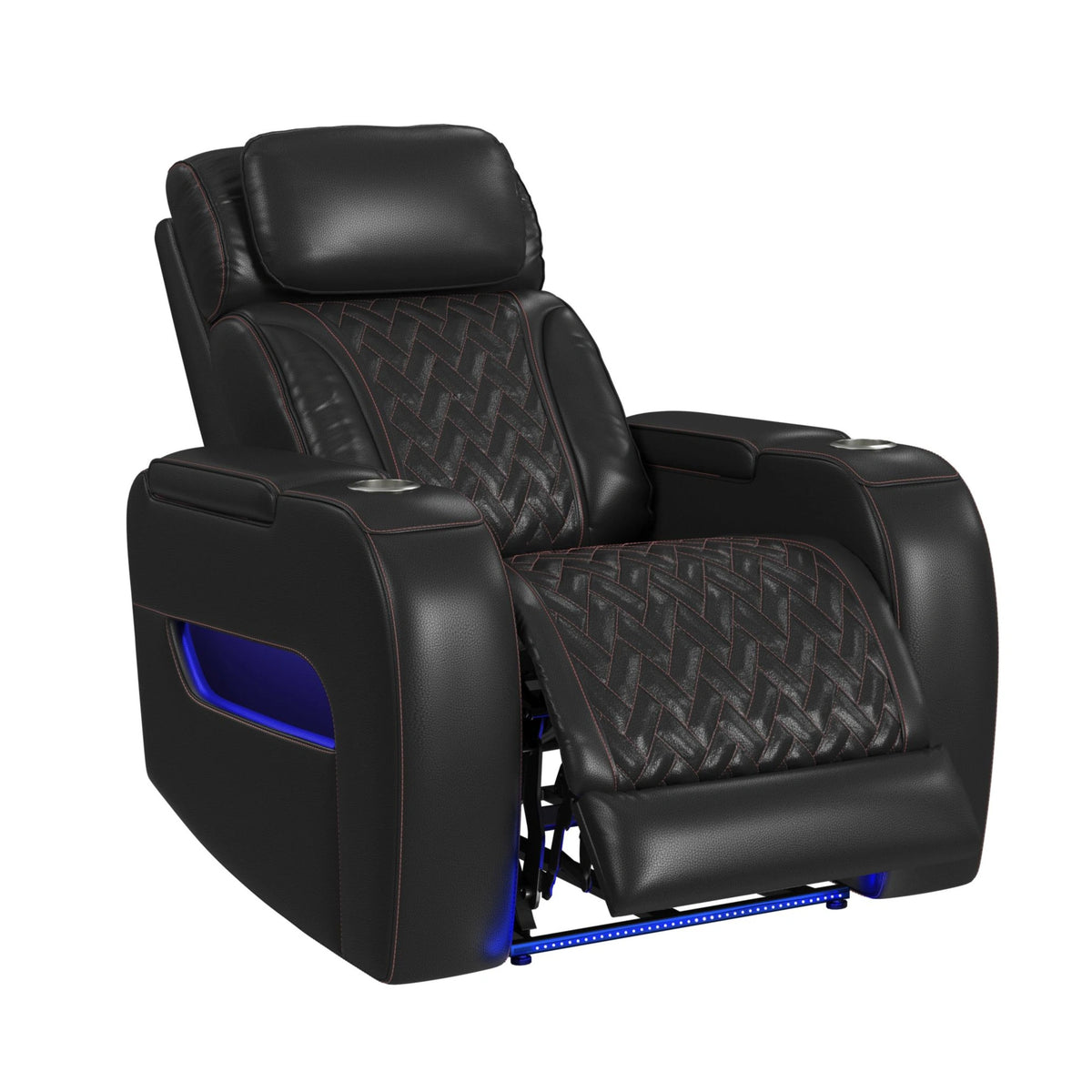 Prime Time P3 Recliner with LED and wireless charger pocket in Jett Black with Red Stitching