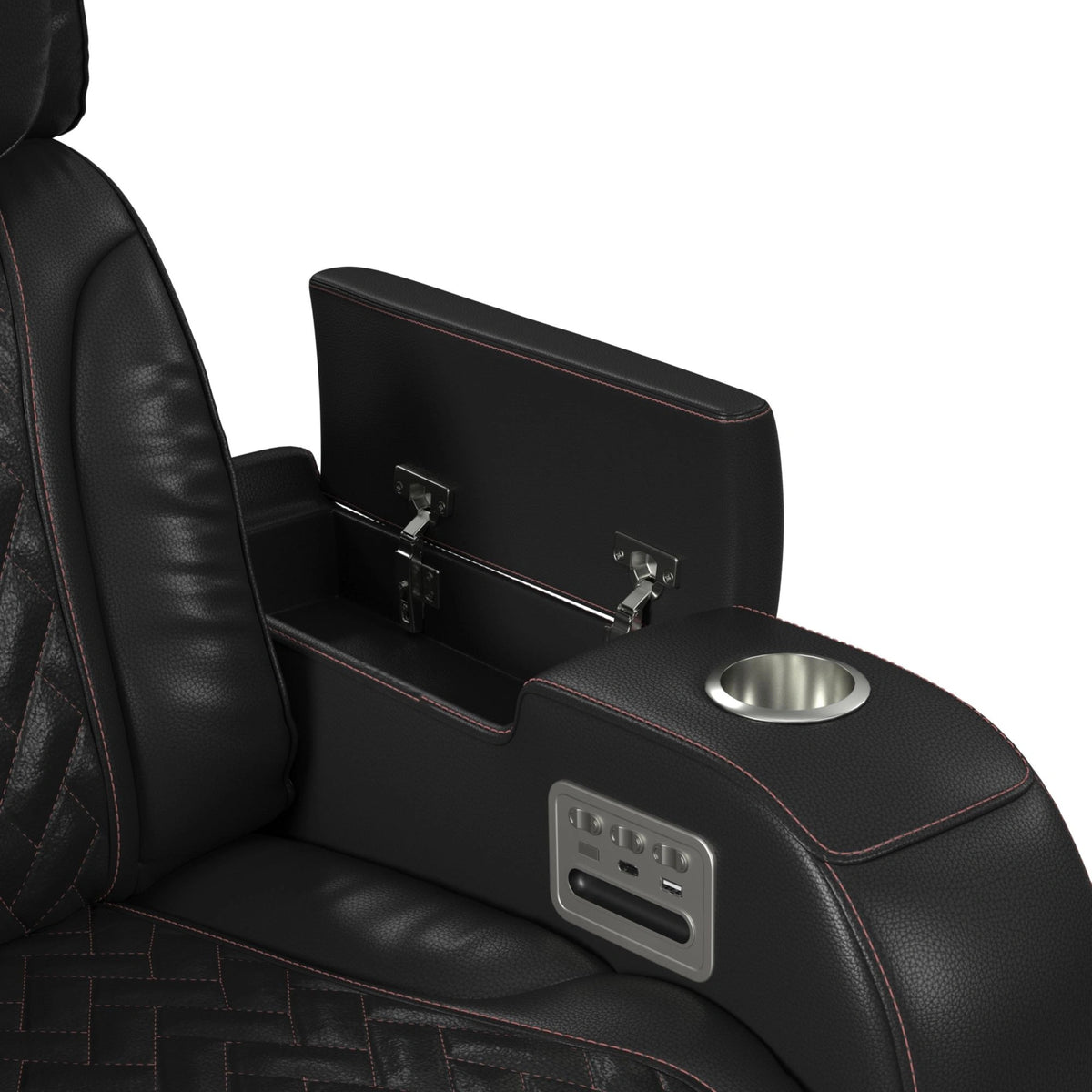 Prime Time P3 Loveseat with LED, wireless charger pocket, and Console in Jett Black with Red Stitching