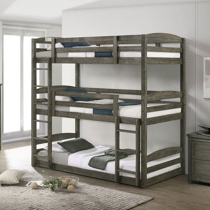 Trey Twin Over Twin Over Twin Bunk Bed in Wire Brushed Grey - Jack’s Furniture and More (Laredo, TX)